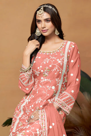 Alluring Organza Fabric Peach Color Embroidered Salwar Suit