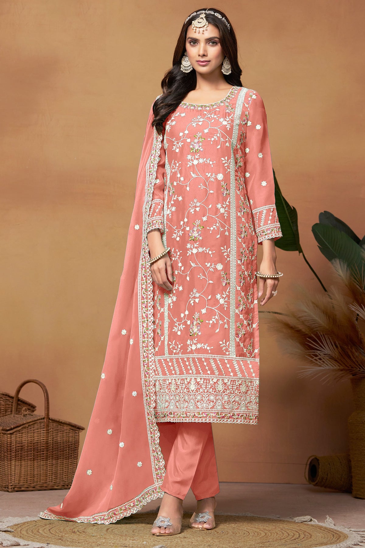 Alluring Organza Fabric Peach Color Embroidered Salwar Suit