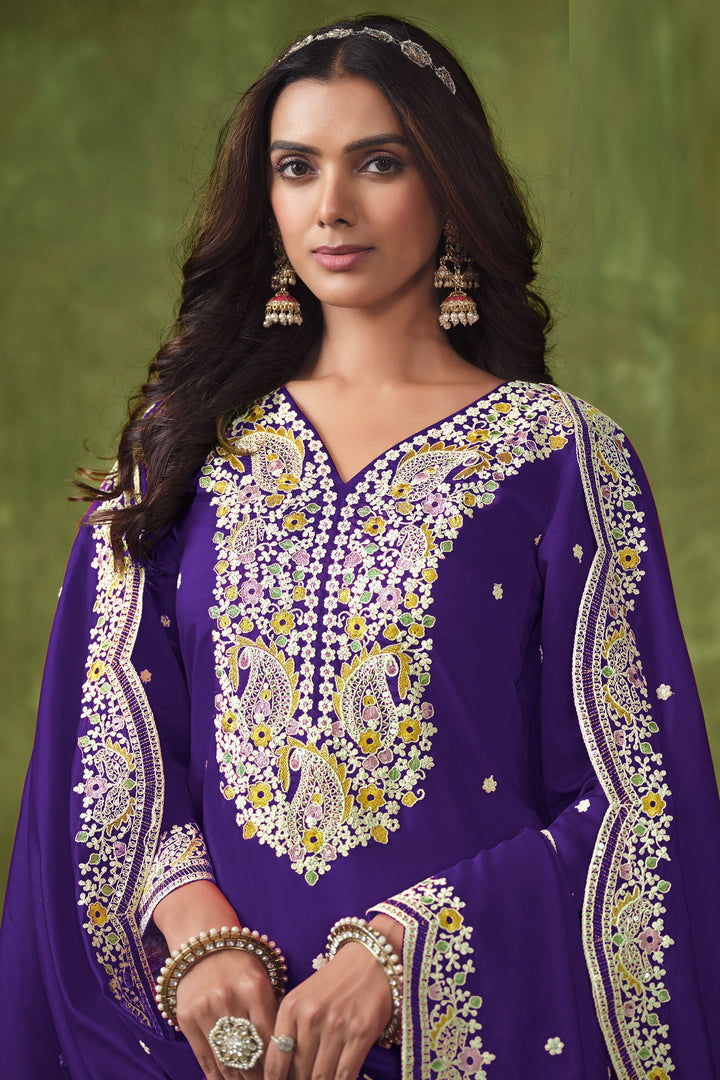 Engaging Purple Color Art Silk Fabric Festive Wear Salwar Suit