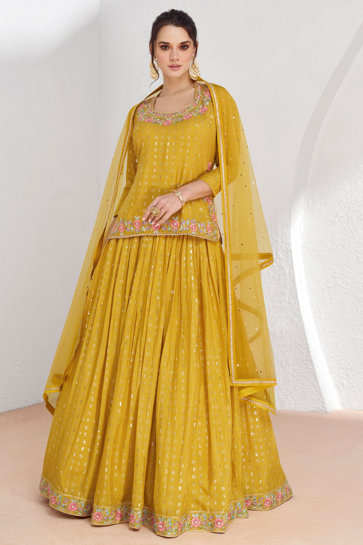 Eugeniya Belousova Georgette Yellow Color Stylish Look Readymade Sharara Top Lehenga