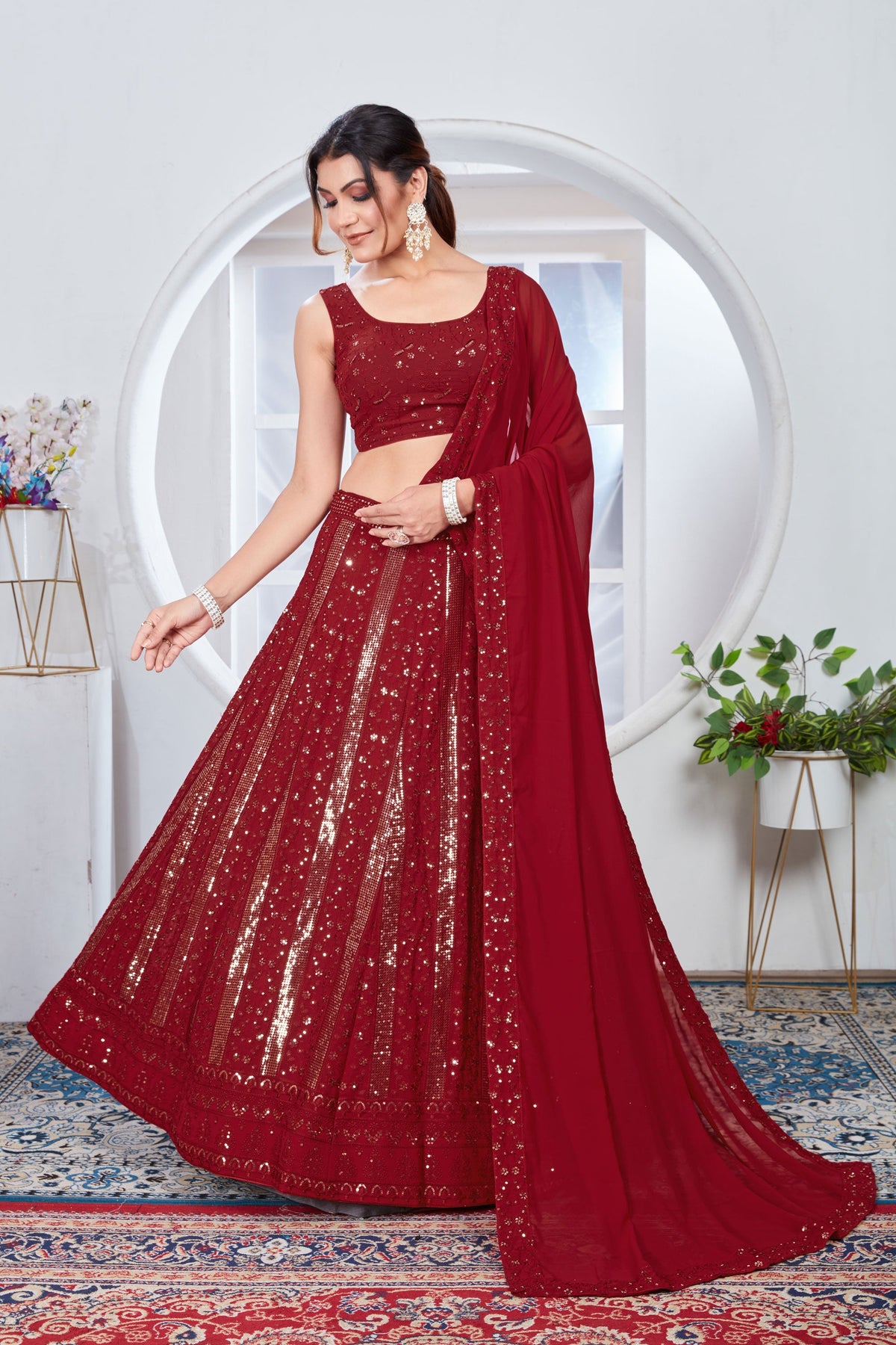 Maroon Color Sequins Work On Georgette Fabric Chic Lehenga