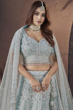 Load image into Gallery viewer, Sequins Work Georgette Fabric Sky Blue Color Beatific Look Readymade Bridal Lehenga
