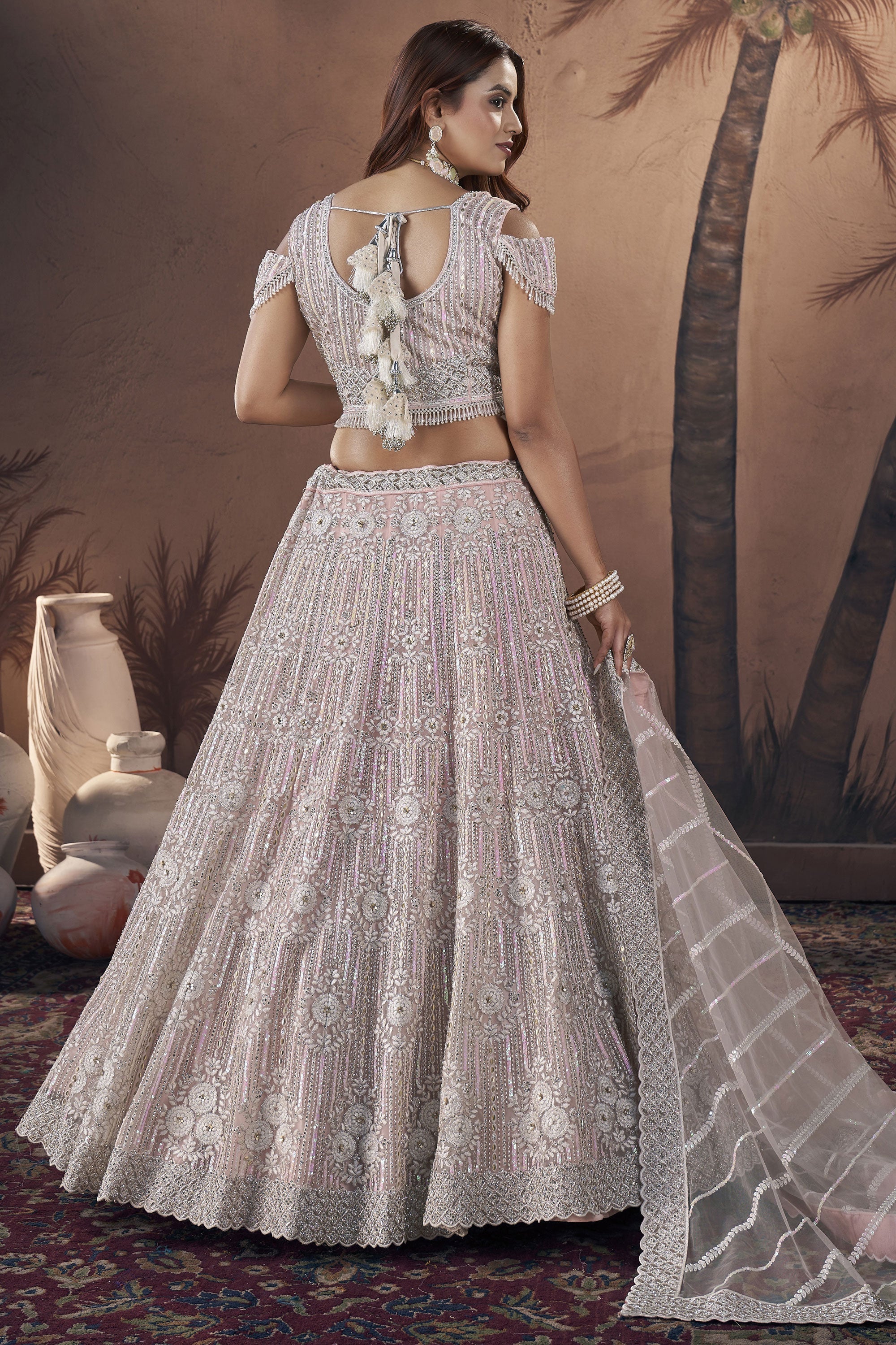 Fabulous Net Fabric Pink Color Sequins Work Readymade Bridal Lehenga