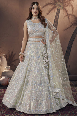 Net Fabric Captivating Sequins Designs White Color Readymade Bridal Lehenga