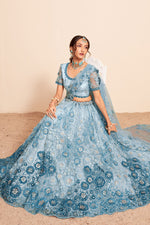 Load image into Gallery viewer, Net Fabric Light Cyan Color Stylish Look Embroidered Lehenga

