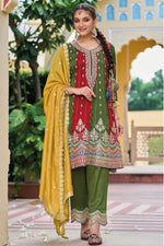 Load image into Gallery viewer, Entrancing Art Silk Fabric Readymade Salwar Suit In Mehendi Green Color
