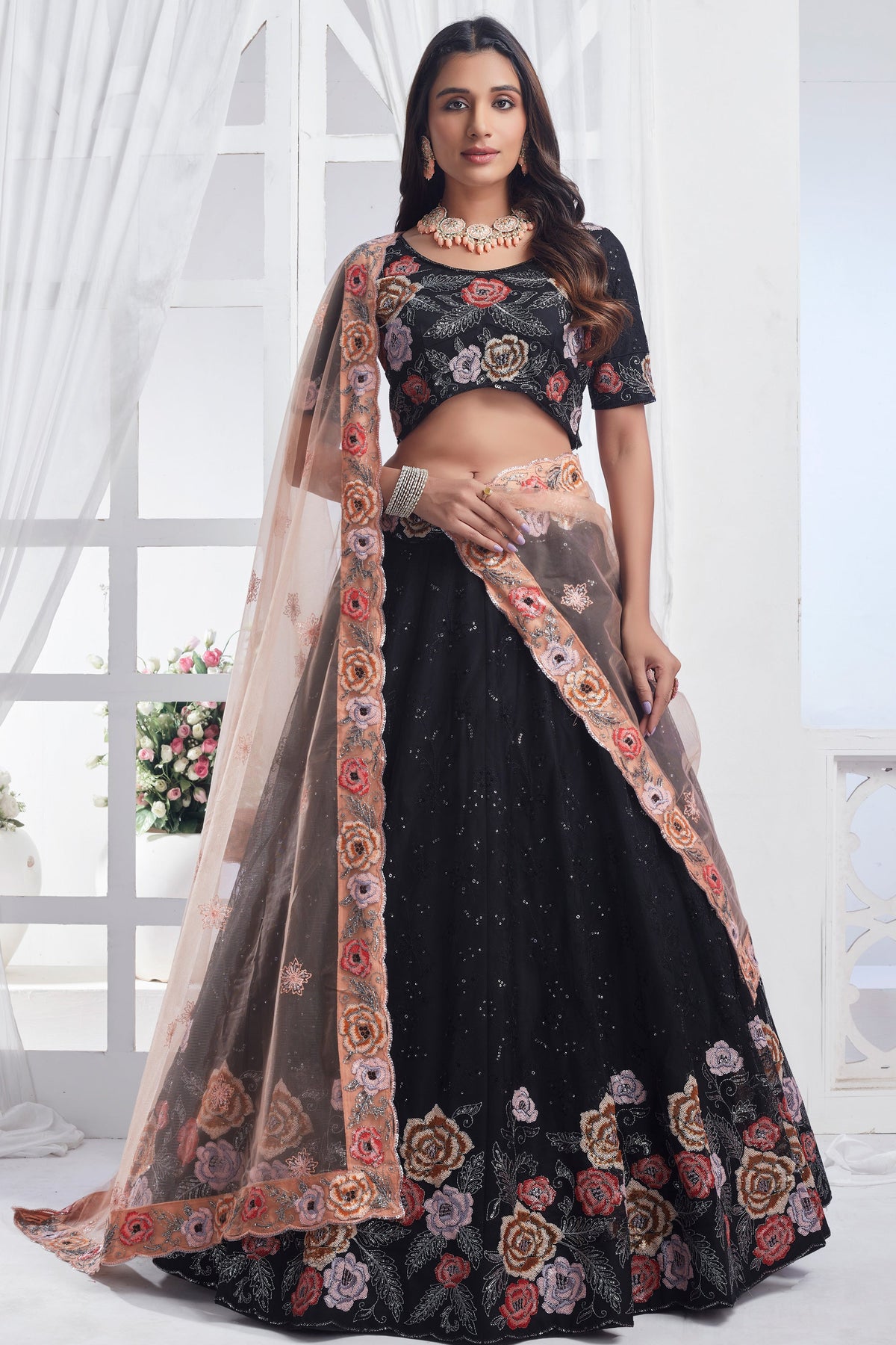 Embellished Black Color Sequins Work Net Fabric Lehenga