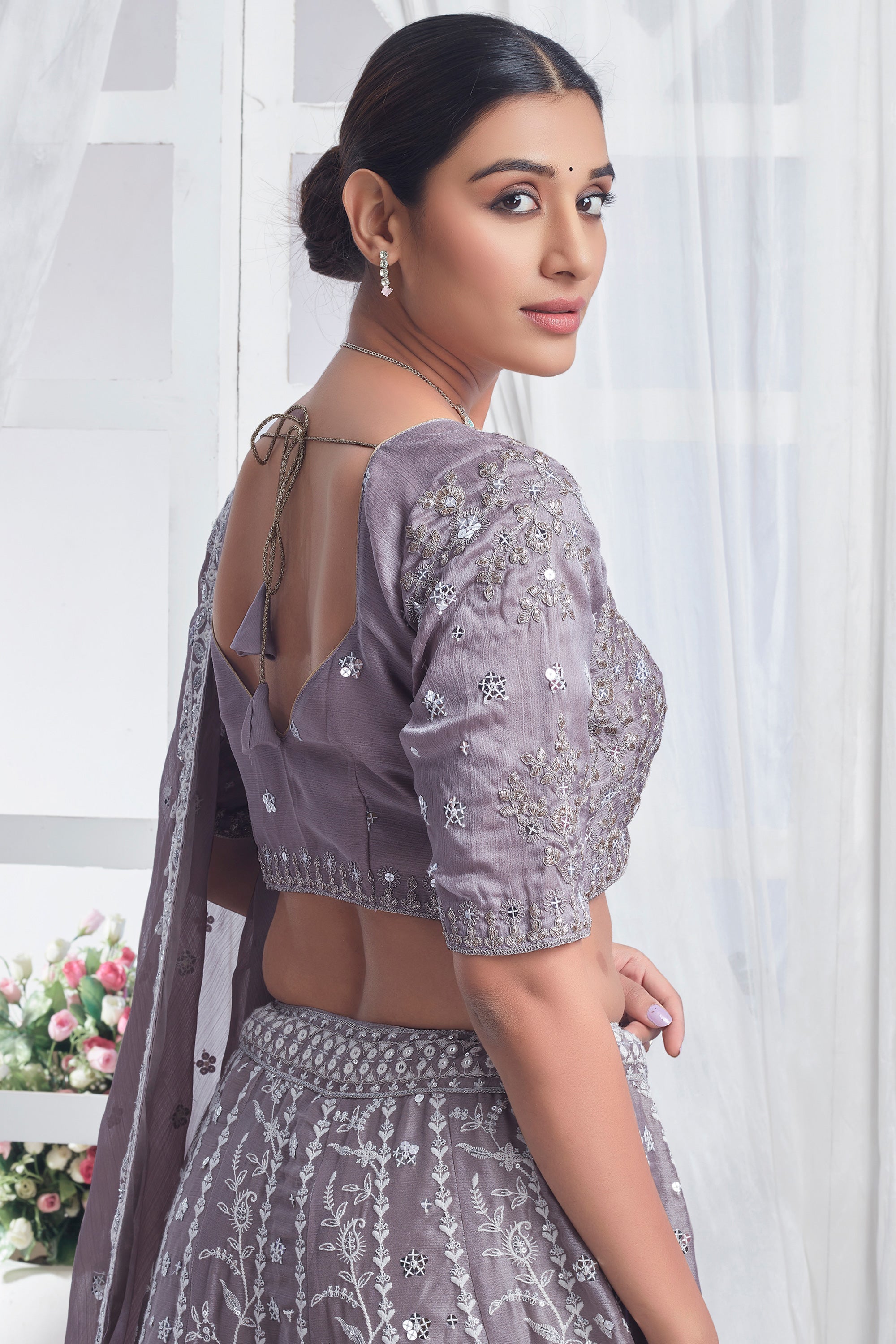 Grey Color Fascinating  Sequins Work Chiffon Fabric Lehenga