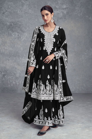 Diksha Singh Dazzling Black Color Readymade Palazzo Suit In Chinon Fabric