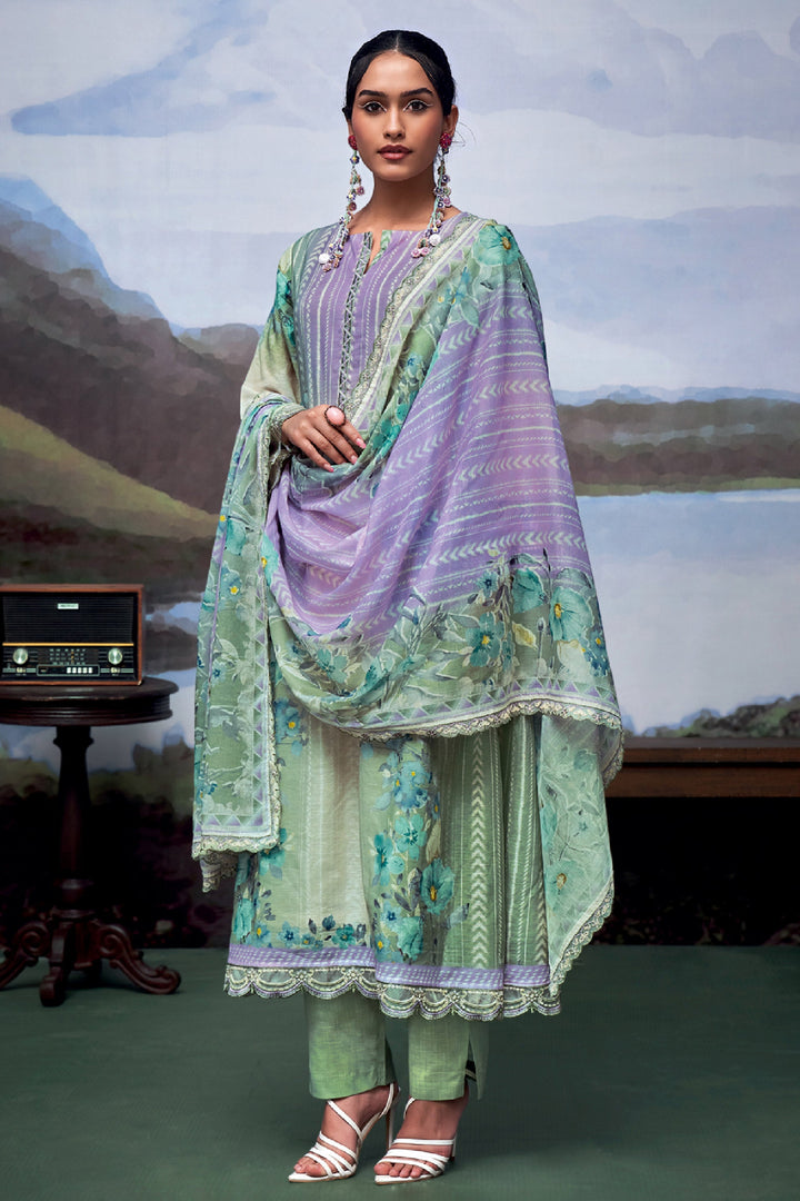 Sea Green Printed Fancy Straight Cut Suit In Pure Linen Fabric