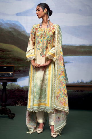 Printed Beige Festive Wear Pure Linen Straight Cut Salwar Kameez