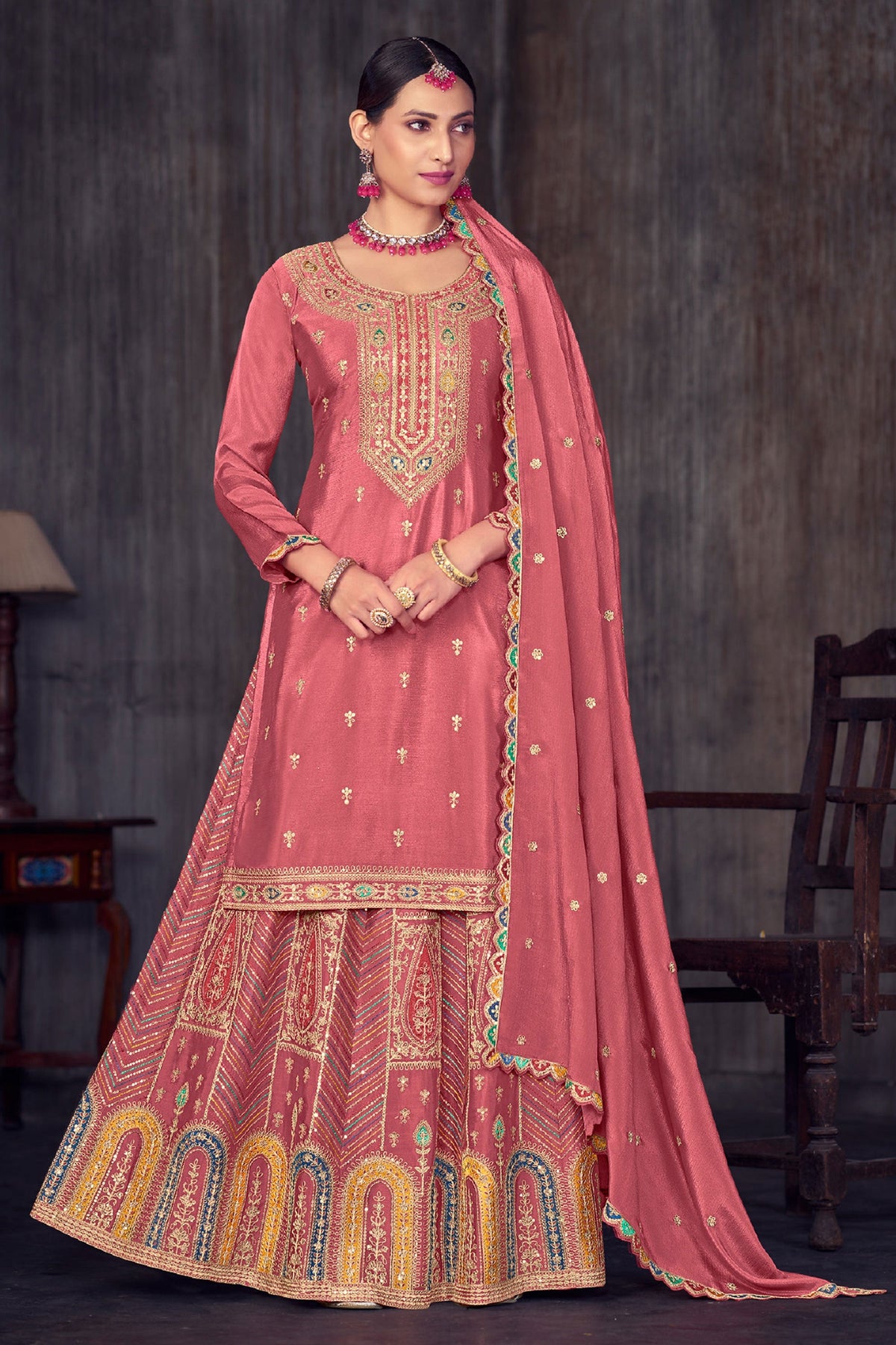 Pink Color Chinon Fabric Designer Function Look Sharara Top Lehenga