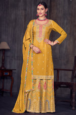 Load image into Gallery viewer, Function Wear Chinon Fabric Embroidered Yellow Color Sharara Top Lehenga
