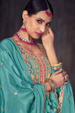 Load image into Gallery viewer, Chinon Fabric Embroidered Cyan Color Sharara Top Lehenga For Function
