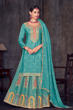 Load image into Gallery viewer, Chinon Fabric Embroidered Cyan Color Sharara Top Lehenga For Function
