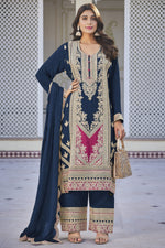 Load image into Gallery viewer, Chinon Fabric Navy Blue Color Elegant Sangeet Wear Readymade Palazzo Suit
