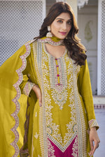 Load image into Gallery viewer, Yellow Color Chinon Fabric Enticing Sangeet Wear Readymade Palazzo Suit
