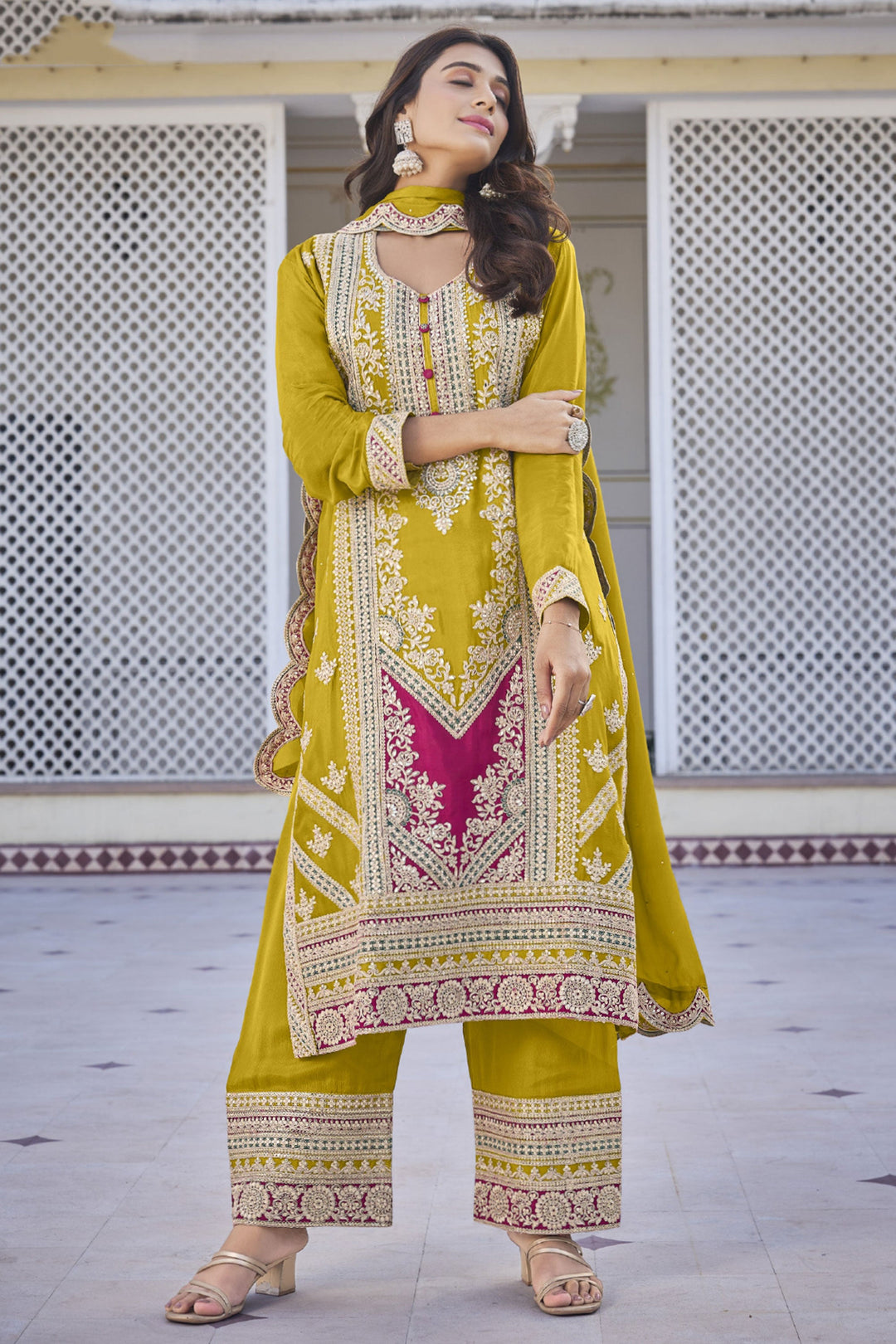 Yellow Color Chinon Fabric Enticing Sangeet Wear Readymade Palazzo Suit