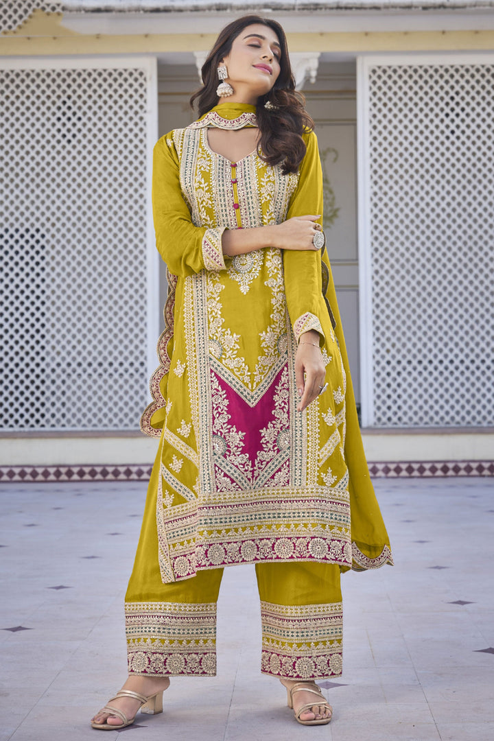 Yellow Color Chinon Fabric Enticing Sangeet Wear Readymade Palazzo Suit