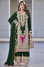 Load image into Gallery viewer, Chinon Fabric Green Color Fantastic Sangeet Wear Readymade Palazzo Suit
