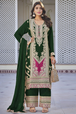 Chinon Fabric Green Color Fantastic Sangeet Wear Readymade Palazzo Suit