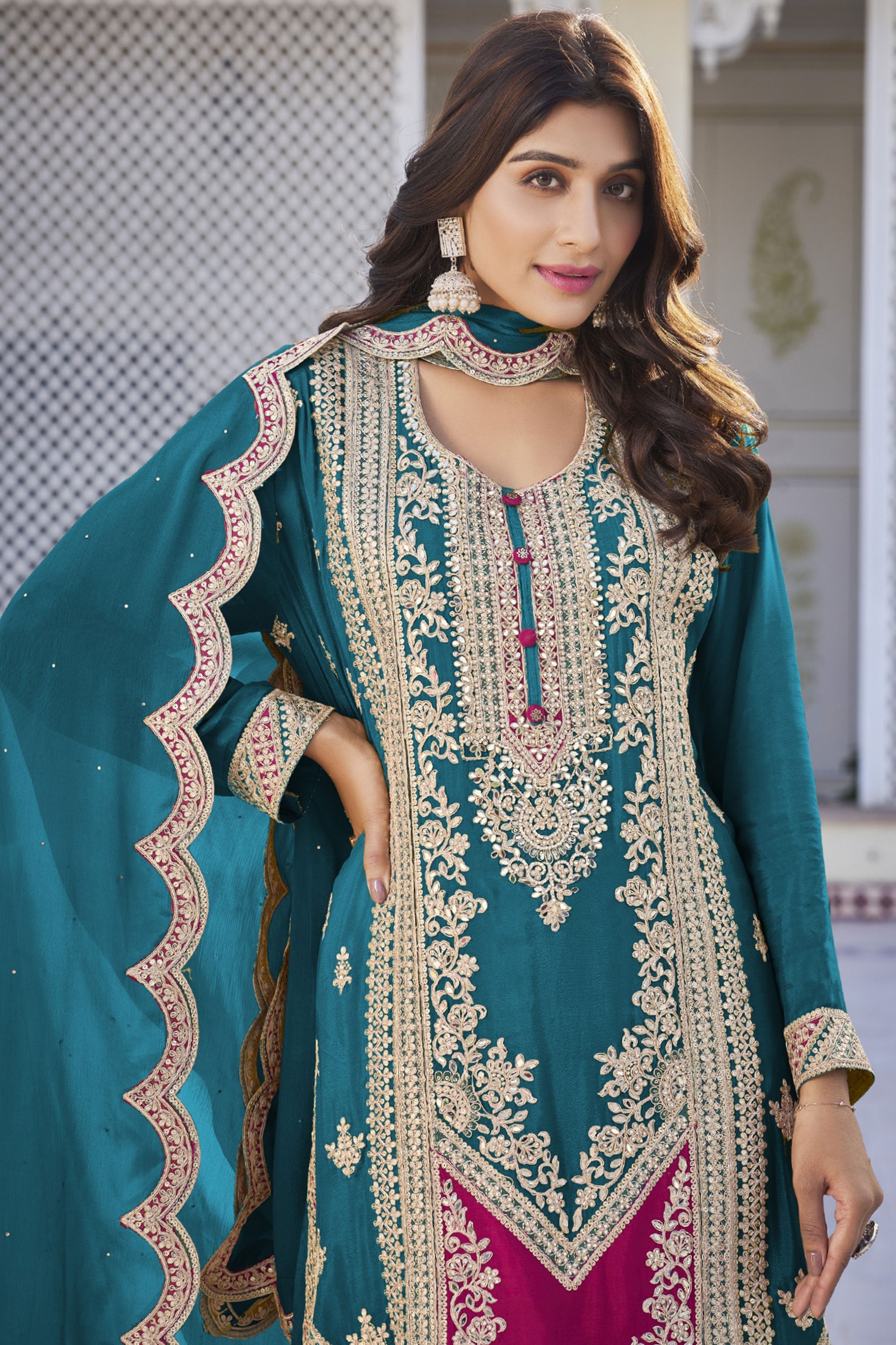 Chinon Fabric Cyan Color Graceful Sangeet Wear Readymade Palazzo Suit