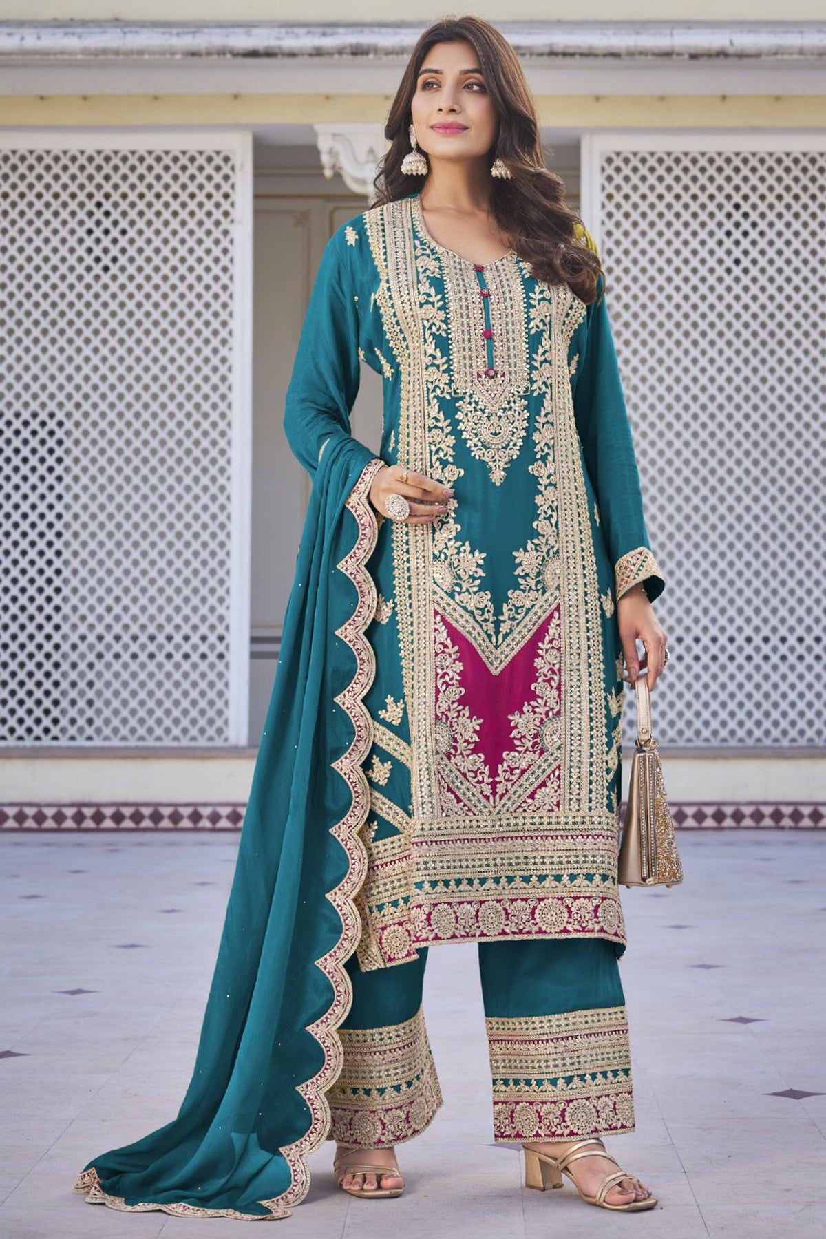 Chinon Fabric Cyan Color Graceful Sangeet Wear Readymade Palazzo Suit