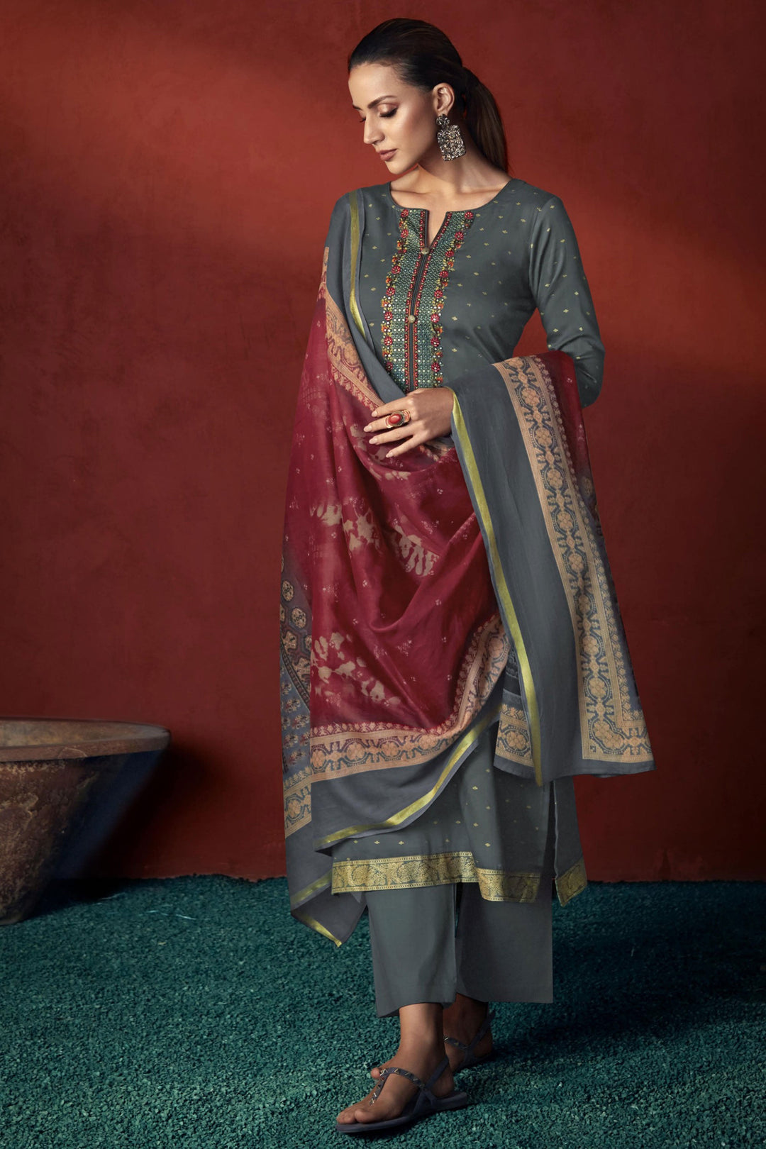 Grey Color Viscose Fabric Embroidered Classic Salwar Suit | Buy Online India