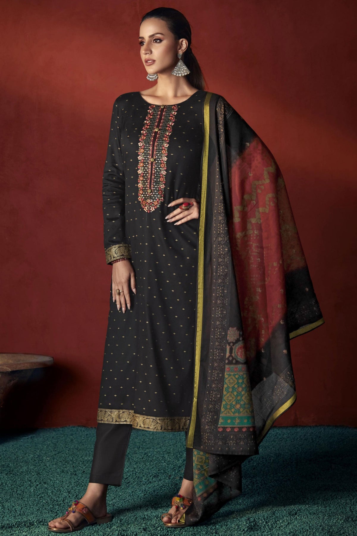 Embroidered Black Color Fabulous Salwar Suit In Viscose Fabric