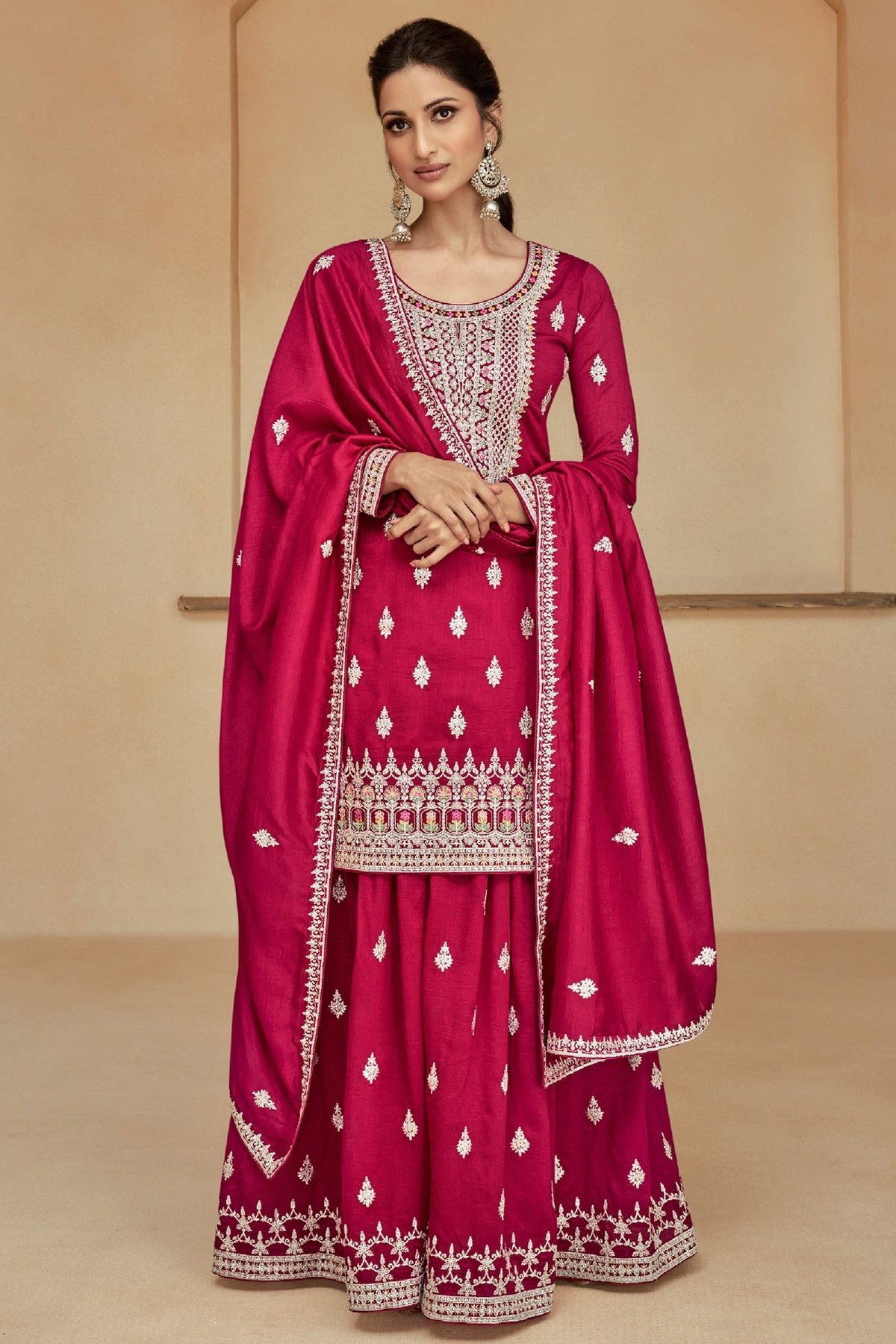 Diksha Singh Trendy Pink Color Readymade Art Silk Palazzo Suit