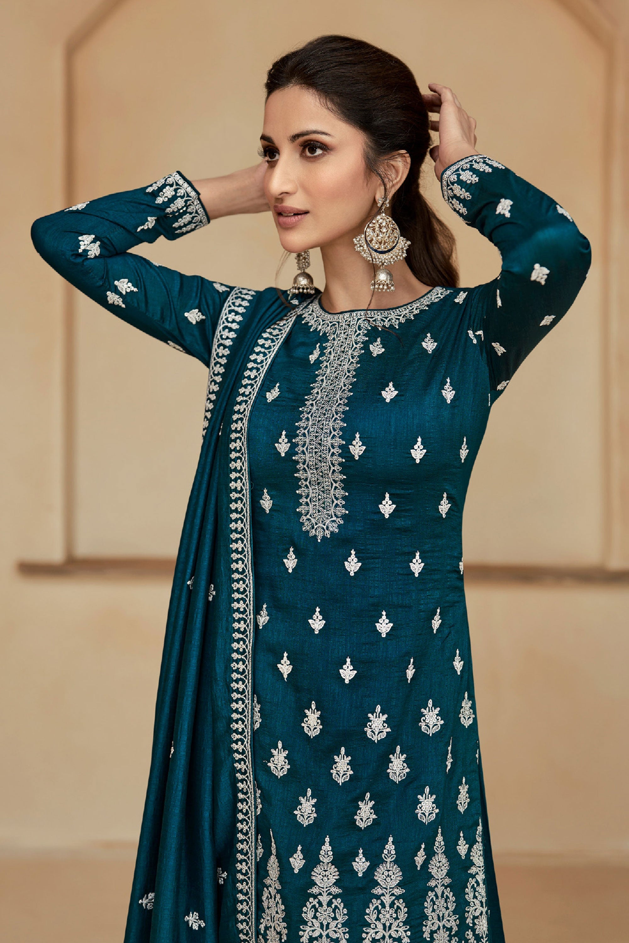 Diksha Singh Teal Color Chic Readymade Art Silk Palazzo Suit