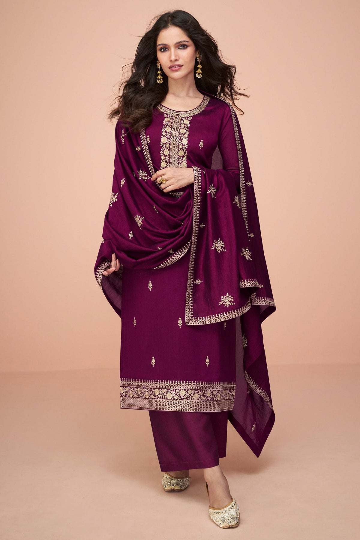 Vartika Singh Wine Color Silk Fabric Alluring Embroidered Salwar Suit