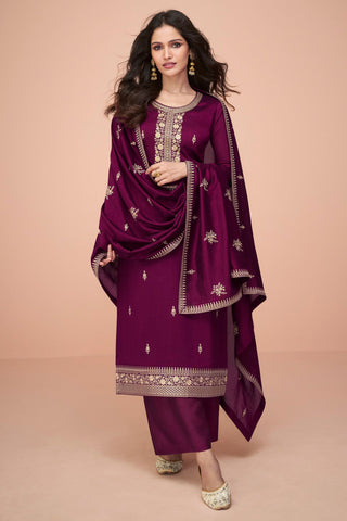 Vartika Singh Wine Color Silk Fabric Alluring Embroidered Salwar Suit