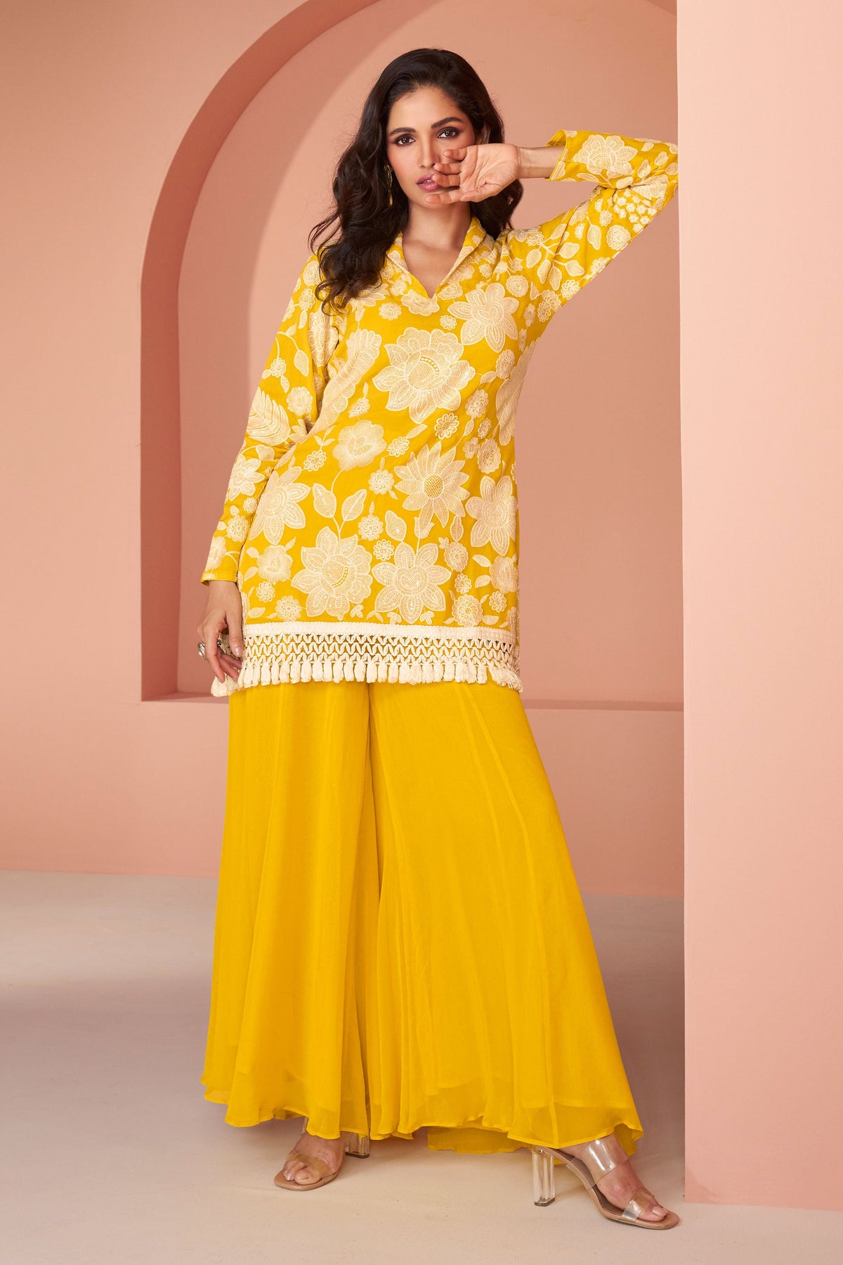 Heavy Georgette Fabric Casual Look On Yellow Color Co-Ord Set