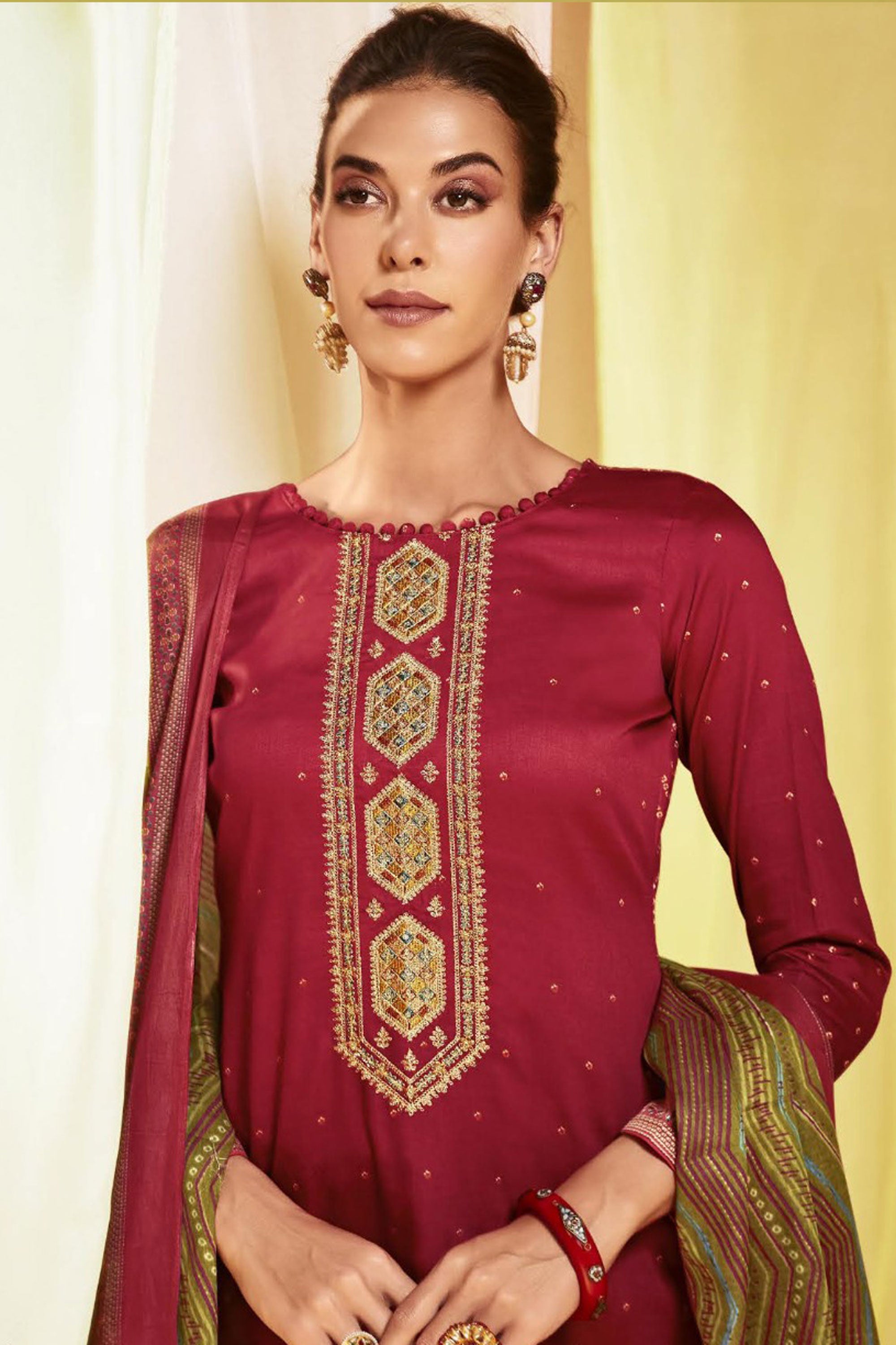 Maroon Color Satin Fabric Trendy Printed Salwar Suit