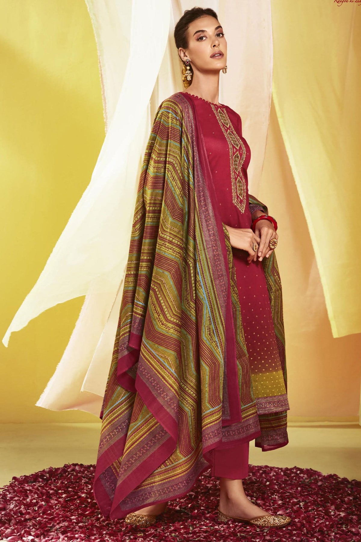 Maroon Color Satin Fabric Trendy Printed Salwar Suit