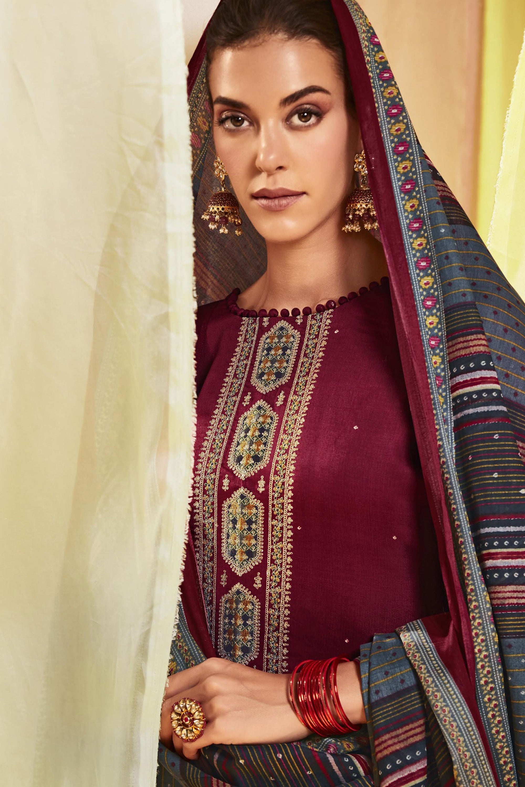 Maroon Color Satin Fabric Printed Work Tempting Salwar Suit