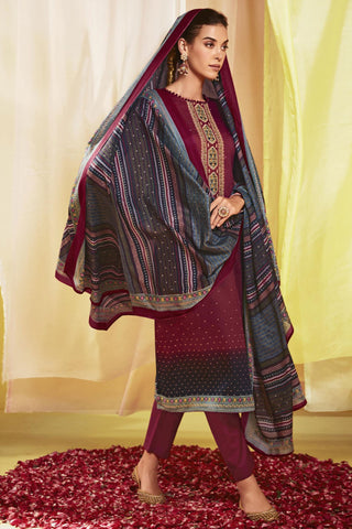 Maroon Color Satin Fabric Printed Work Tempting Salwar Suit