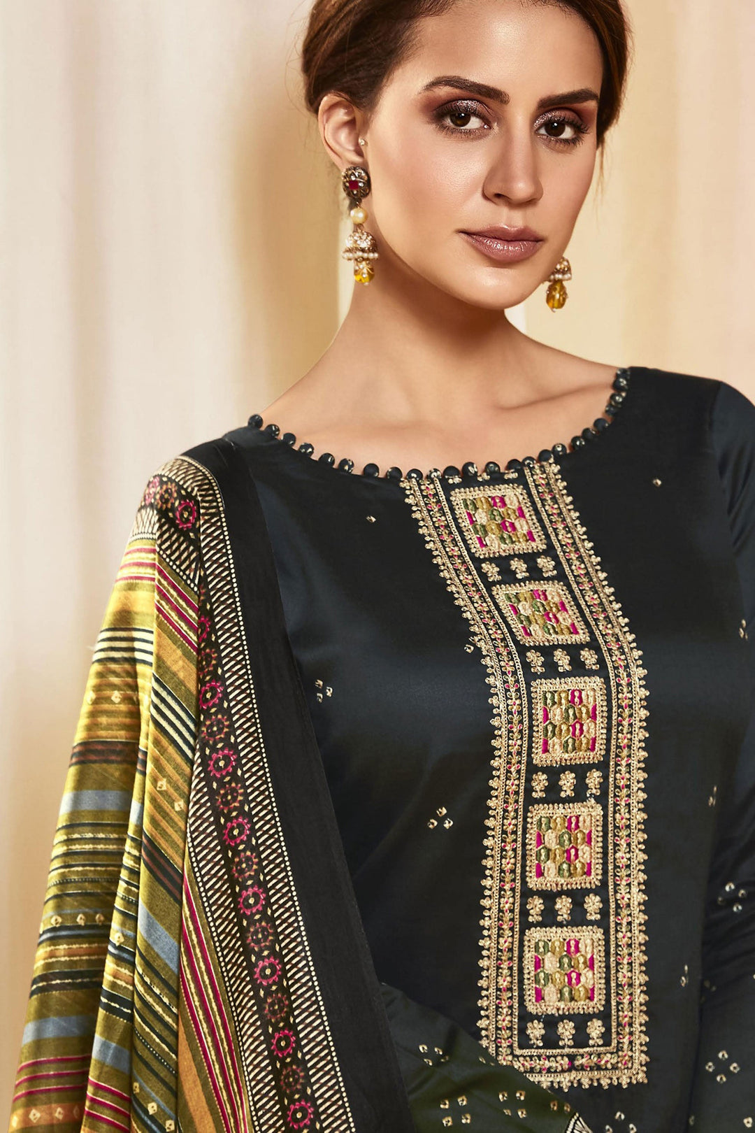 Black Color Satin Fabric Printed Awesome Salwar Suit