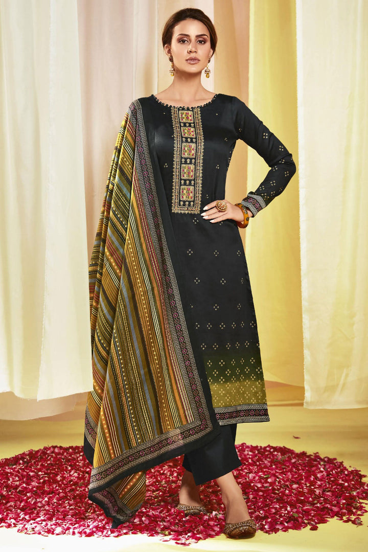 Black Color Satin Fabric Printed Awesome Salwar Suit