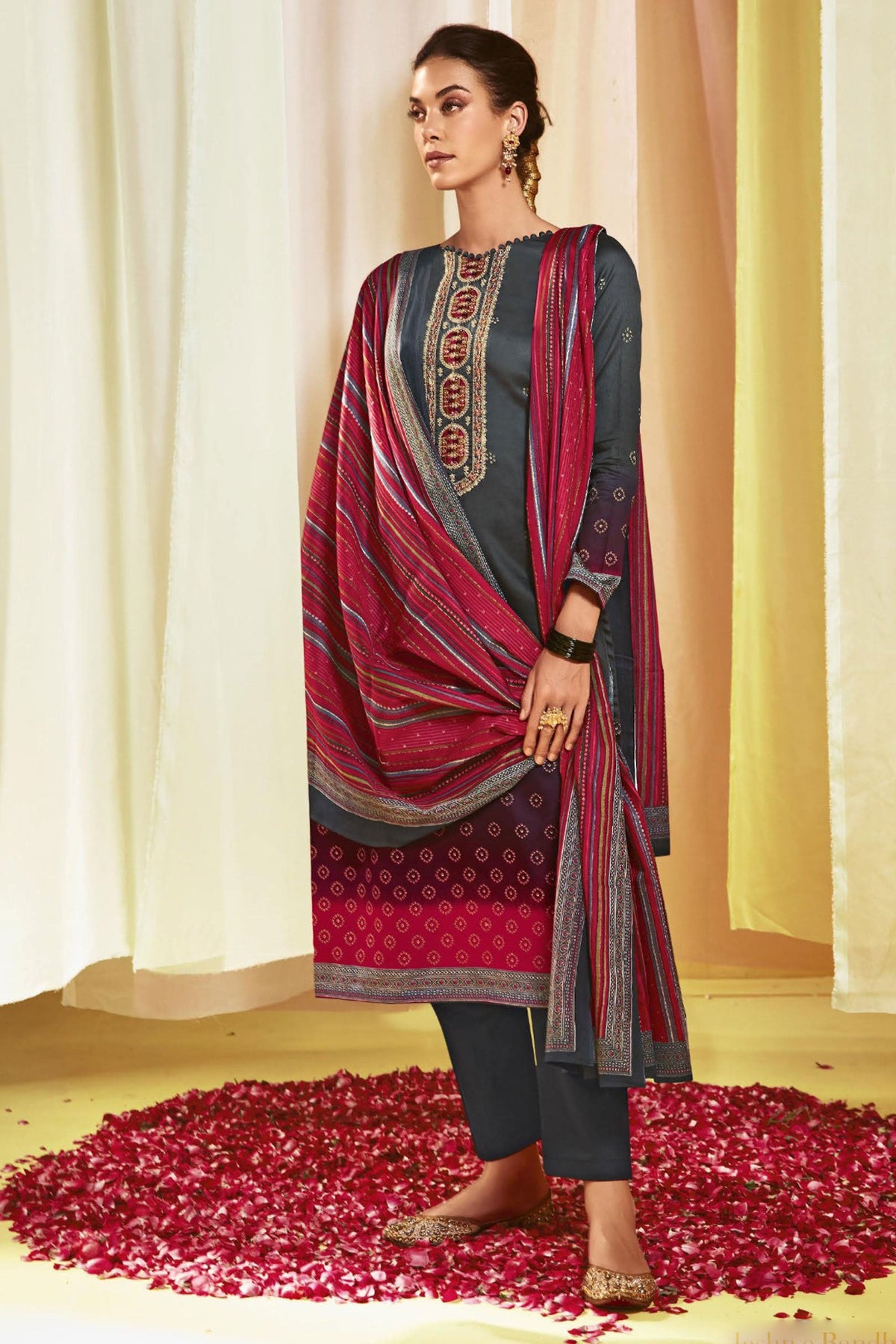 Satin Fabric Printed Beatific Salwar Suit In Grey Color