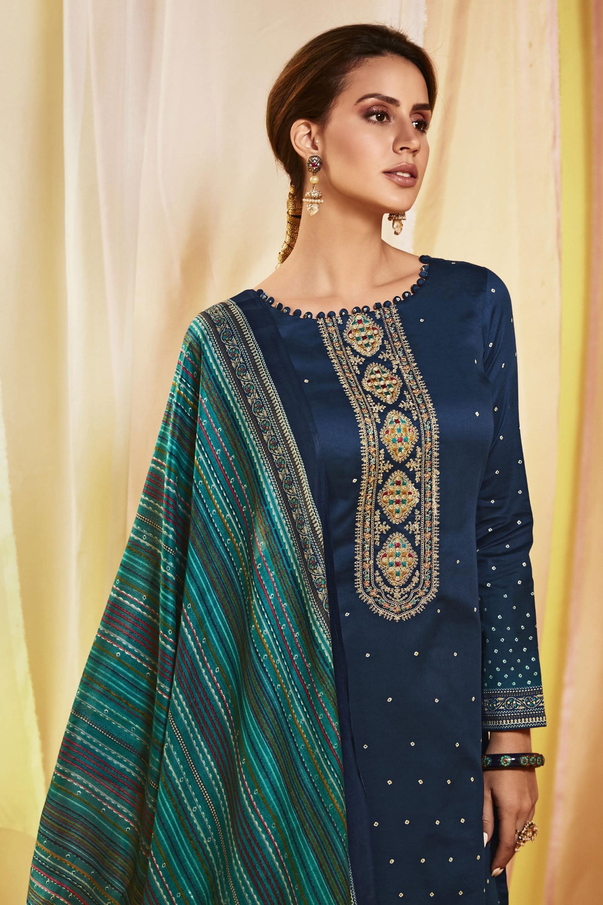 Navy Blue Color Satin Fabric Alluring Printed Salwar Suit