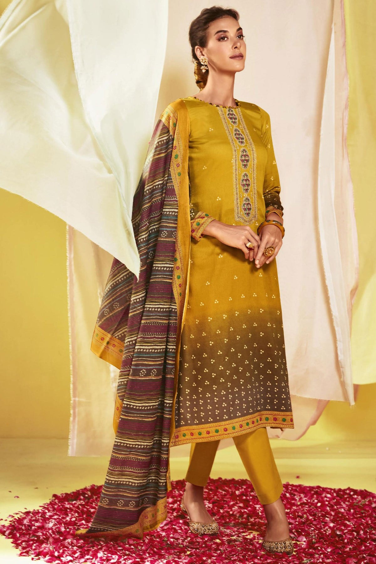 Satin Fabric Yellow Color Printed Elegant Salwar Suit