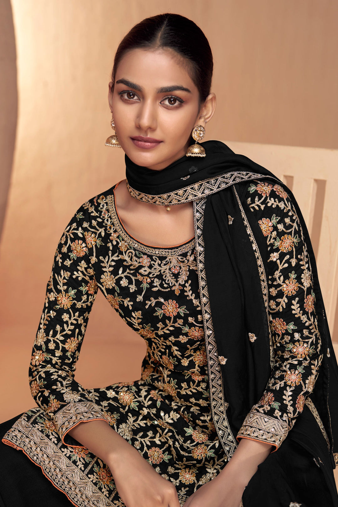 Function special Black Chinon Fabric Readymade Palazzo Suit