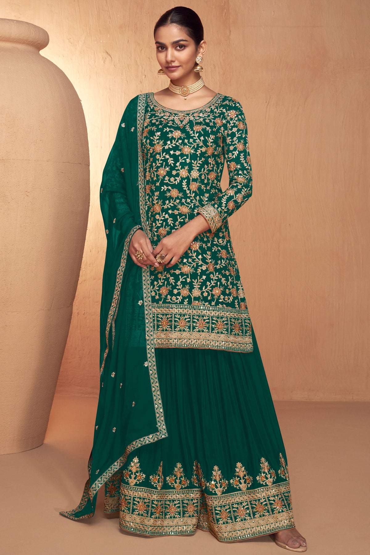 Stylish Green Chinon Fabric Readymade Palazzo Suit