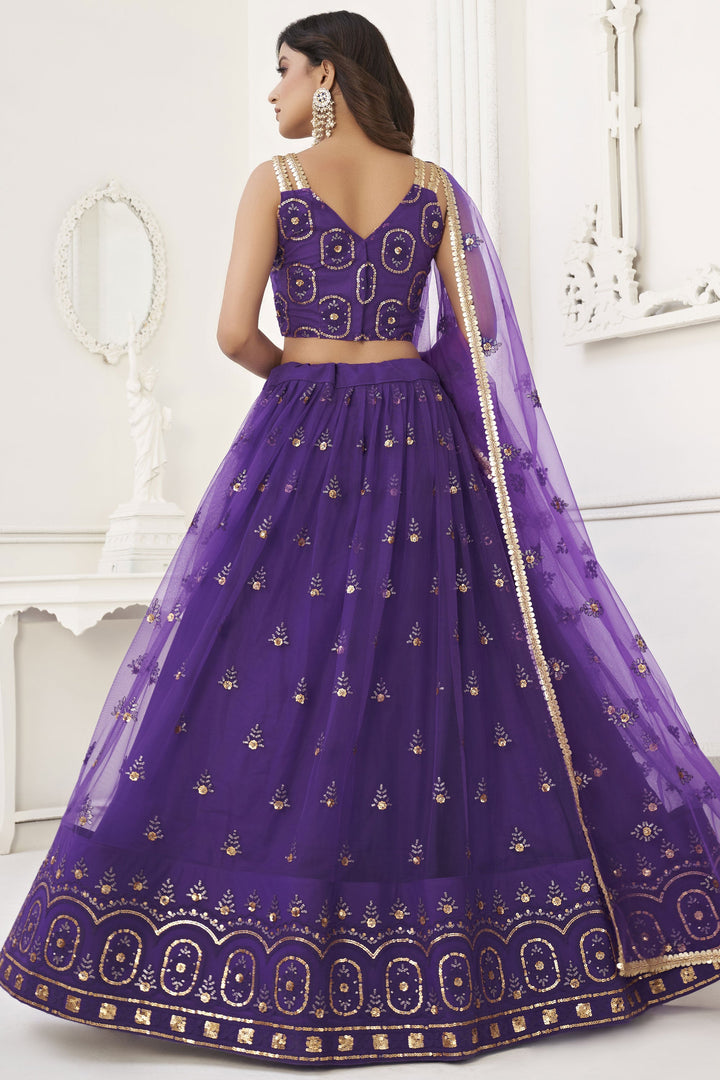 Purple Color Net Fabric Sequins Embroidered Work Lehenga For Sangeet Function