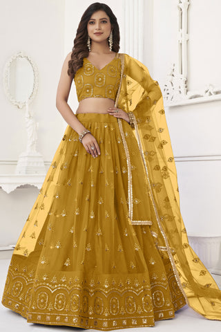 Mustard Color Net Fabric Sequins Embroidered Lovely Lehenga