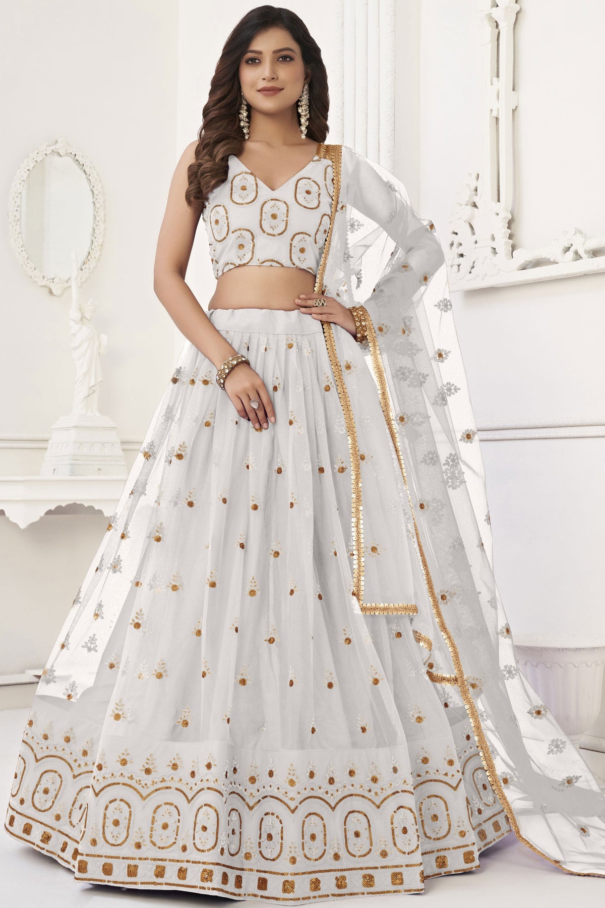 Sequins Embroidered Net Fabric White Color Beautiful Lehenga