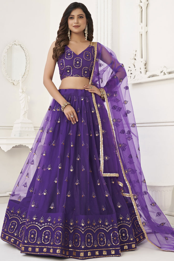 Purple Color Net Fabric Sequins Embroidered Work Lehenga For Sangeet Function