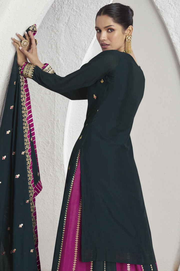 Eugeniya Belousova Luminous Readymade Chiffon Silk Sharara Top Lehenga In Rani Color